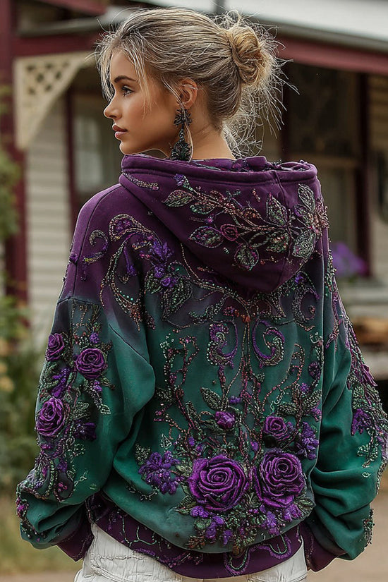 Women's Retro Purple Rose Gradient Pattern Casual Hoodie
