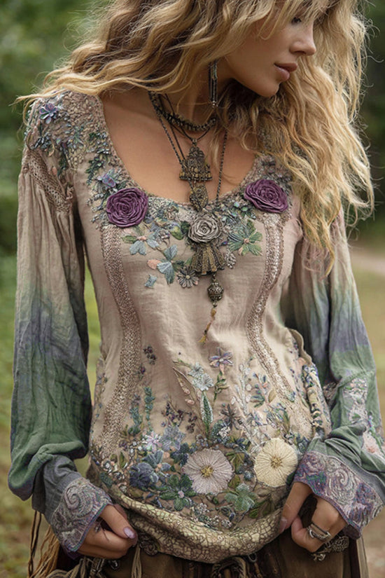 Classy Gradient Purple Lavender And Floral Embroidered Linen Long Sleeve Shirt