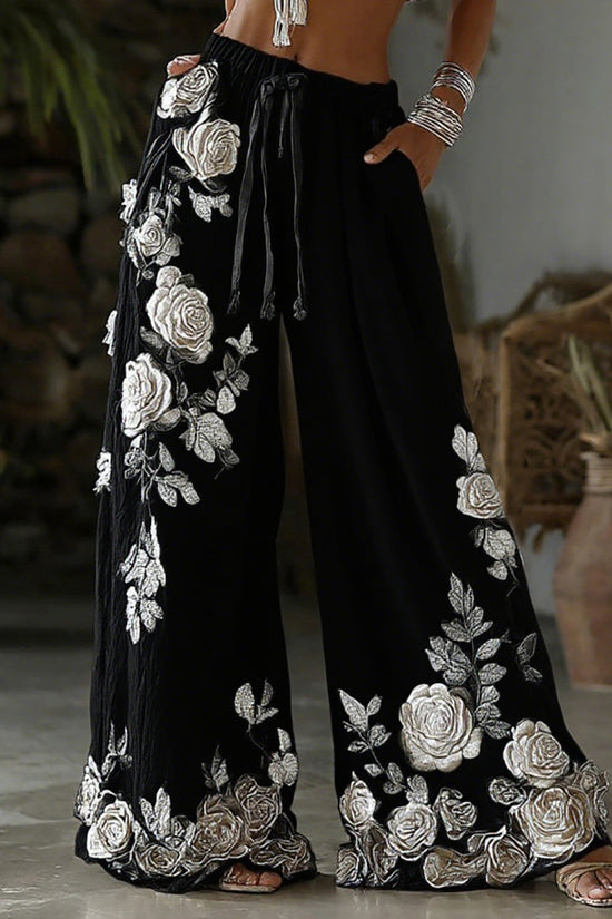 Women's Retro Floral Embroidery Art Casual Linen Pants