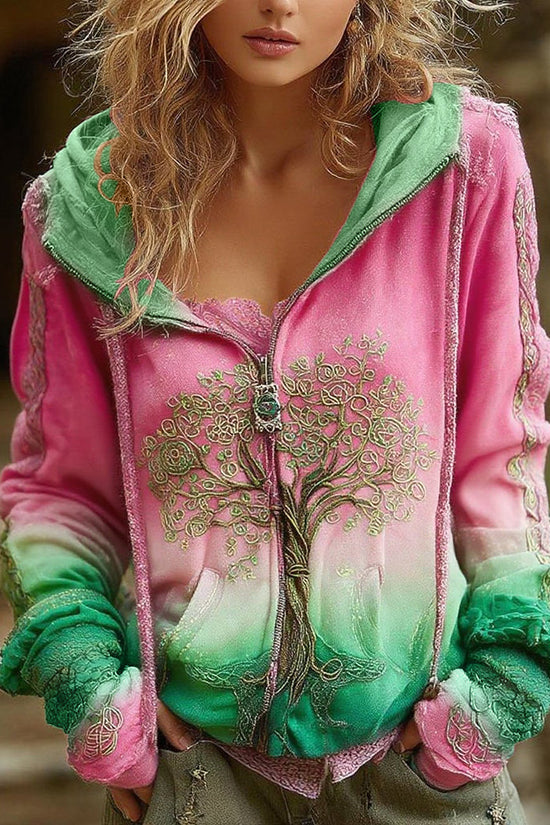 Women's Vintage Viking Tree Of Life Cozy Warm Zip Hoodie Cardigan