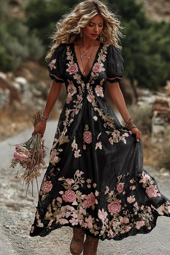 Women's Vintage Rose Embroidery Art Comfy Linen Maxi Dress