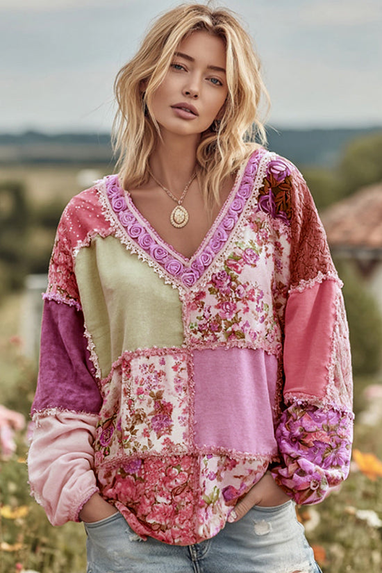 Women's Vintage Floral Patchwork Art Cozy Warm Sweatshirt