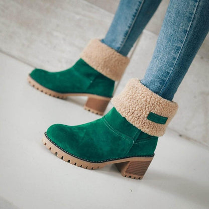 Women's Solid Color Fuzzy Boots, Soft Sole Chunky Heel Fleece Lining Boots, Winter Non-slip Snow Boots