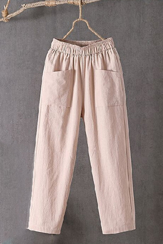 Women's Pockets Design Linen Blend Elastic Waist Pants