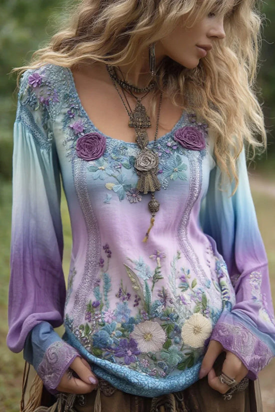 Classy Gradient Purple Lavender And Floral Embroidered Linen Long Sleeve Shirt