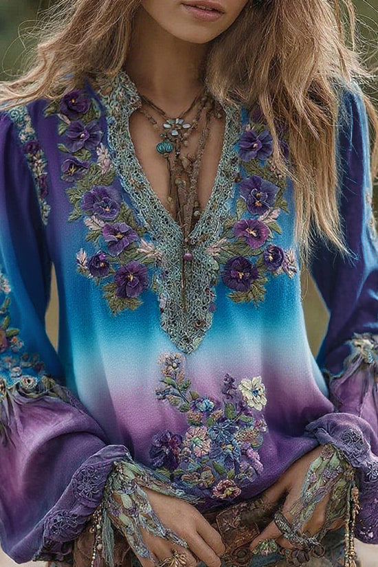 Vintage Classy Gradient Purple Pansy Embroidered Art Linen Long Sleeve Blouse
