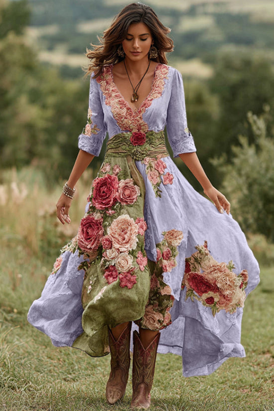 Women's Vintage Floral Art V Neck Linen Blend Maxi Dress