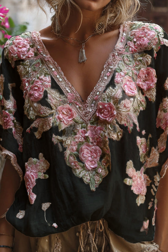 Bohemian-style Pink Floral Embroidery V-neck Short-sleeved Shirt With Sequins