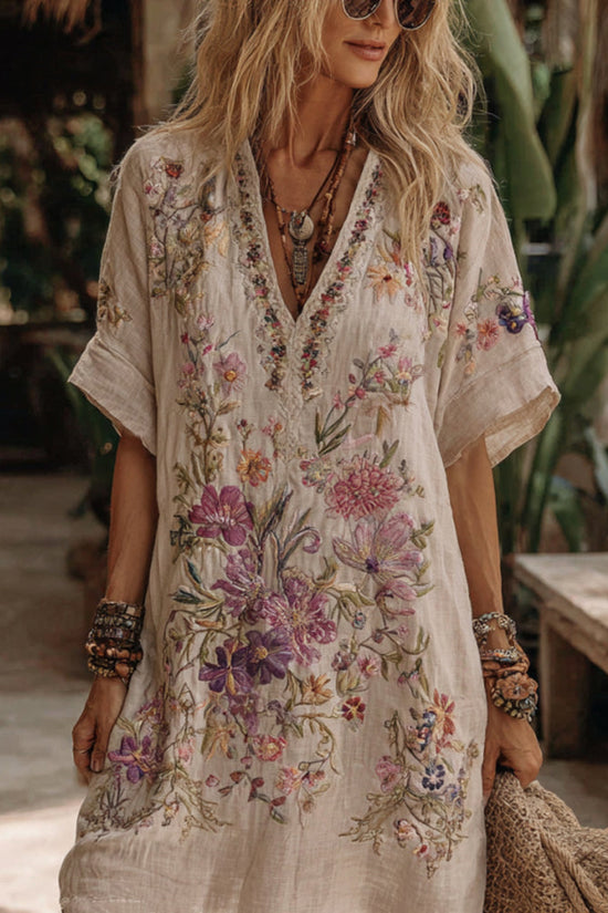Women's Floral Embroidery Art V Neck Comfy Midi Dress
