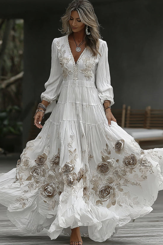 Women's Vintage Rose Embroidery Art V-neck Casual Long Sleeve Maxi Dress