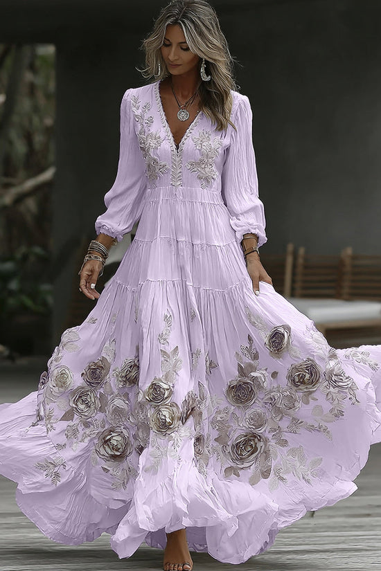 Women's Vintage Rose Embroidery Art V-neck Casual Long Sleeve Maxi Dress