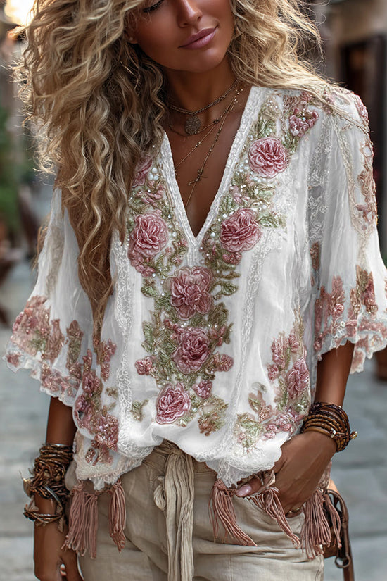 Women's Vintage Rose Embroidery Art Comfy Linen Shirts