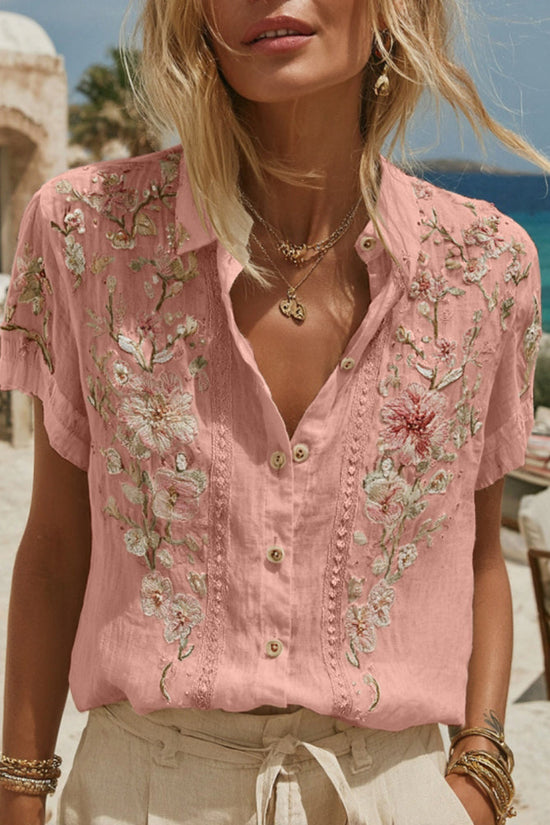 Women's Vintage Embroidery Floral Art Short Sleeve Shirt