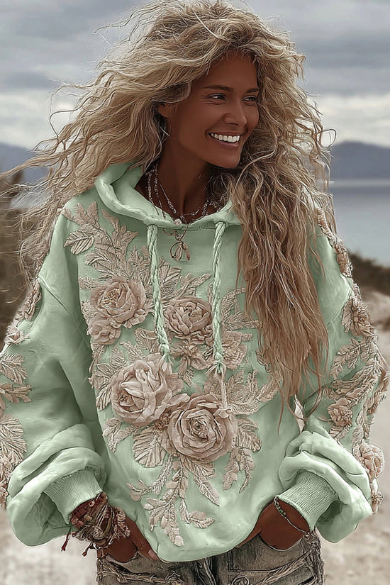 Women's Classic Romantic White Rose Embroidery Art Comfy Hoodie