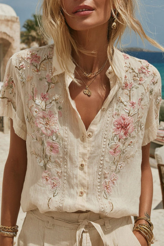 Women's Vintage Embroidery Floral Art Short Sleeve Shirt