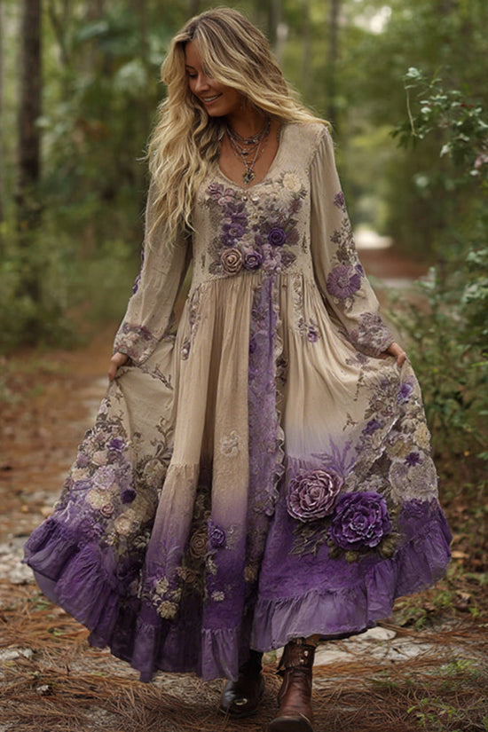 Vintage Classy Gradient Purple Lavender And Floral Embroidered Maxi Dress