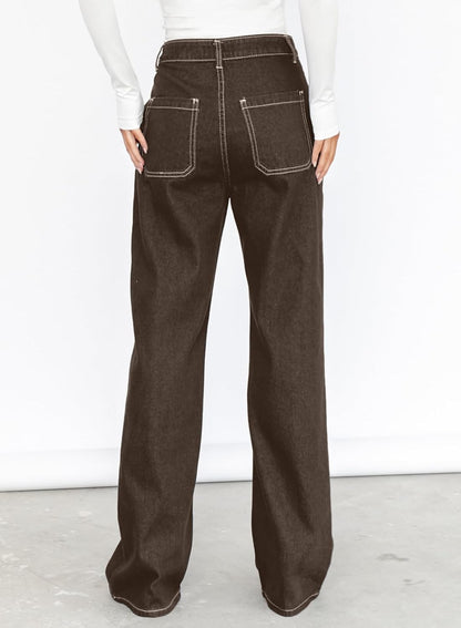 Dokotoo Women's Casual Mid Waist Cargo Jeans Stretch Wide Leg Denim Pants with Pockets
