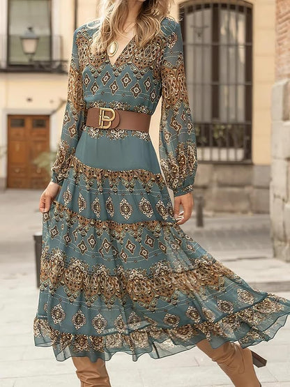Women's Flowy Ethnic Puff Long Sleeve Midi Dress Casual Boho Floral Swing V-Neck Vacation Ruffle Dress with Belt