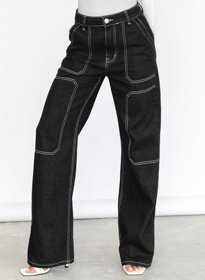 Dokotoo Women's Casual Mid Waist Cargo Jeans Stretch Wide Leg Denim Pants with Pockets