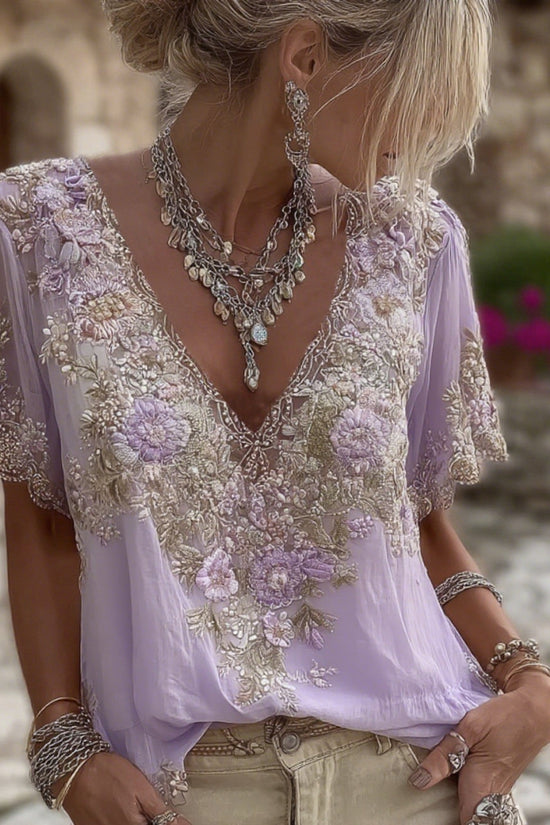 Women's Floral Embroidered Art V-neck Short Sleeved Linen Blend T-shirt