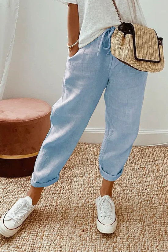 Solid Color Insert Pocket Drawstring Casual Pants