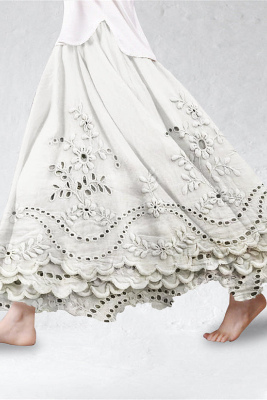 Cottage Floral Embroidered Lace Hem Linen Blend Flowy Skirt