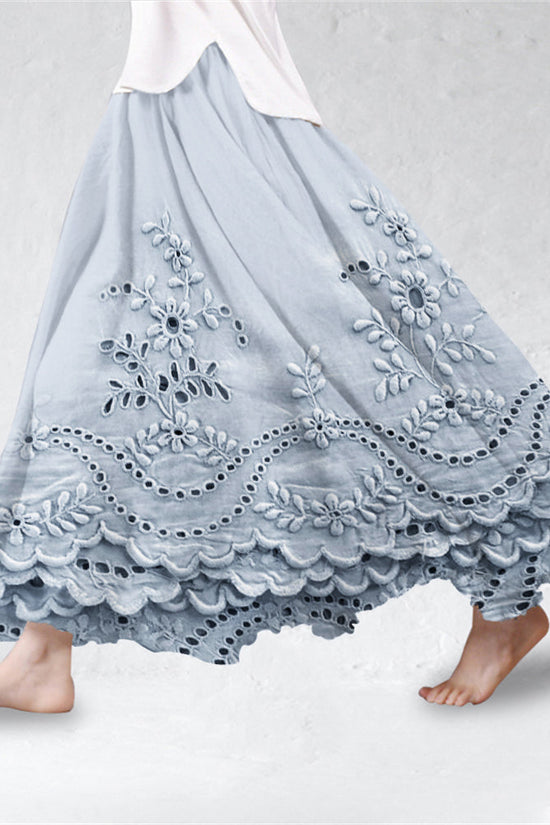 Cottage Floral Embroidered Lace Hem Linen Blend Flowy Skirt