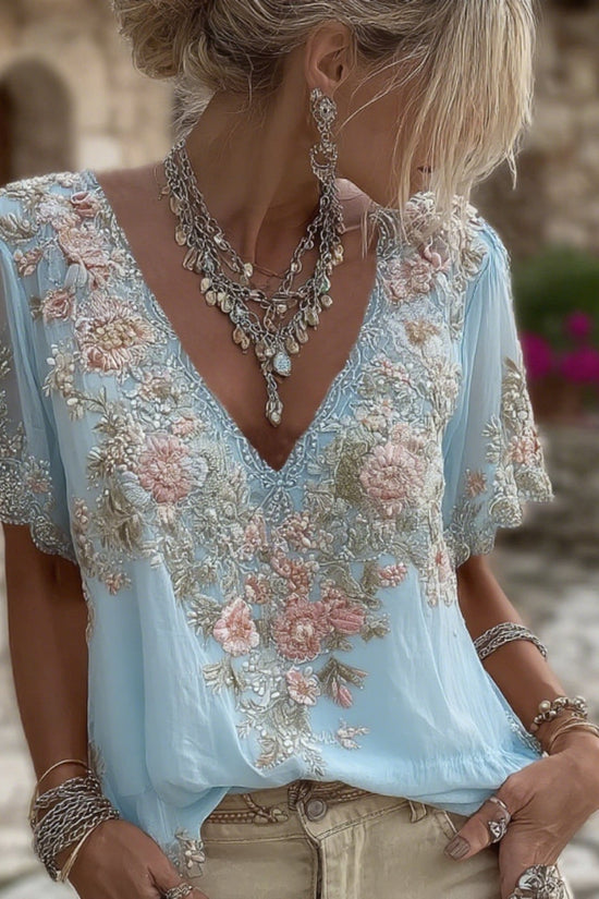 Women's Floral Embroidered Art V-neck Short Sleeved Linen Blend T-shirt