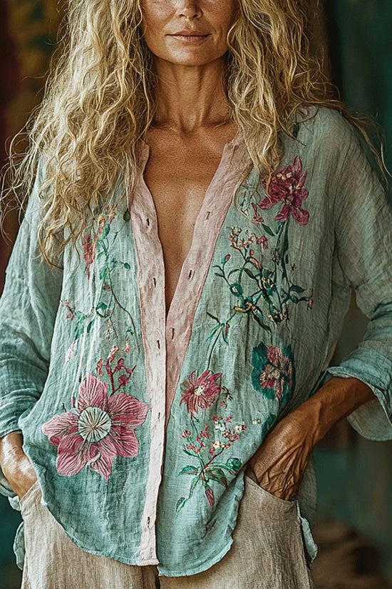 Women's Casual Bohemian Linen Floral Style Long-sleeve Top Shirt