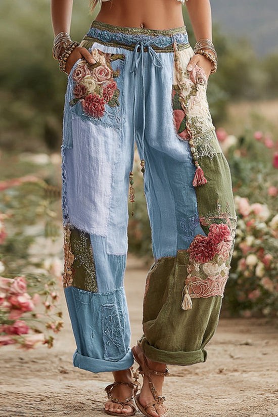Love & Health Collection Retro Rose And Floral Patchwork Art Linen Pants