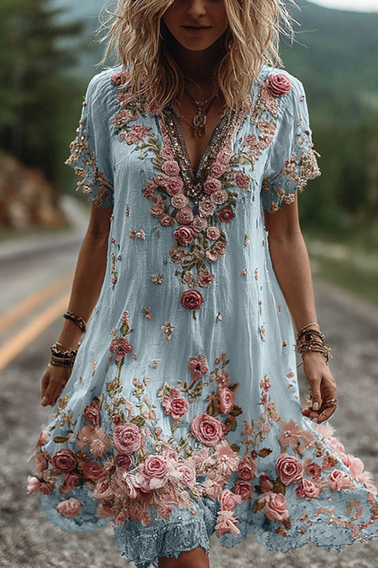 Vintage Floral Embroidery Short-sleeved Dress
