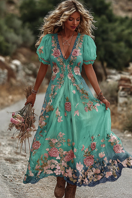Women's Vintage Rose Embroidery Art Comfy Linen Maxi Dress