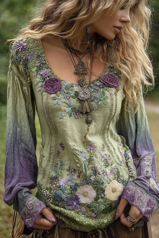 Classy Gradient Purple Lavender And Floral Embroidered Linen Long Sleeve Shirt