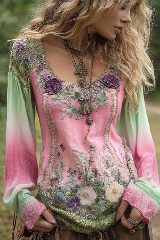 Classy Gradient Purple Lavender And Floral Embroidered Linen Long Sleeve Shirt