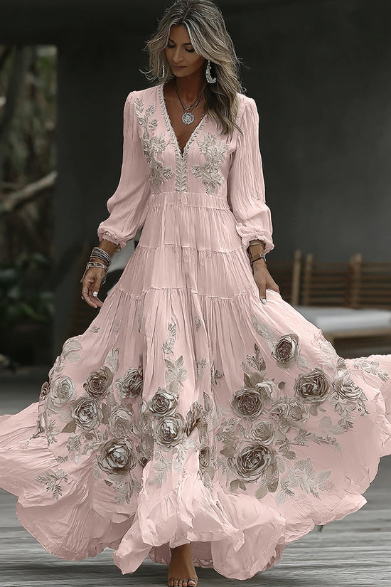 Women's Vintage Rose Embroidery Art V-neck Casual Long Sleeve Maxi Dress