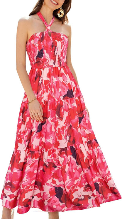 GRACE KARIN Women's Summer Dresses 2025 Halter Neck Sleeveless Smocked Backless Cut Out Floral Flowy A Line Maxi Dress