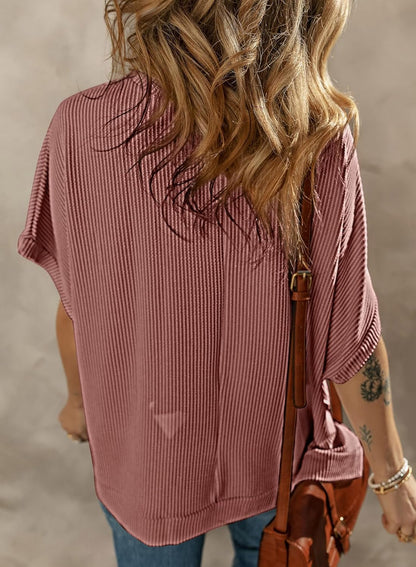 Dokotoo Women's Casual Oversized Short Sleeve Solid Color Loose Texture Knit Tunic Tops Blouses