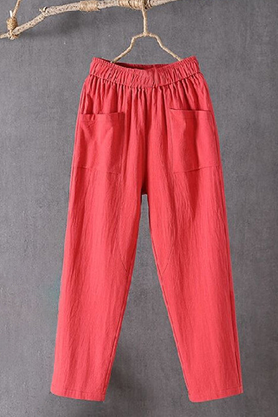 Women's Pockets Design Linen Blend Elastic Waist Pants