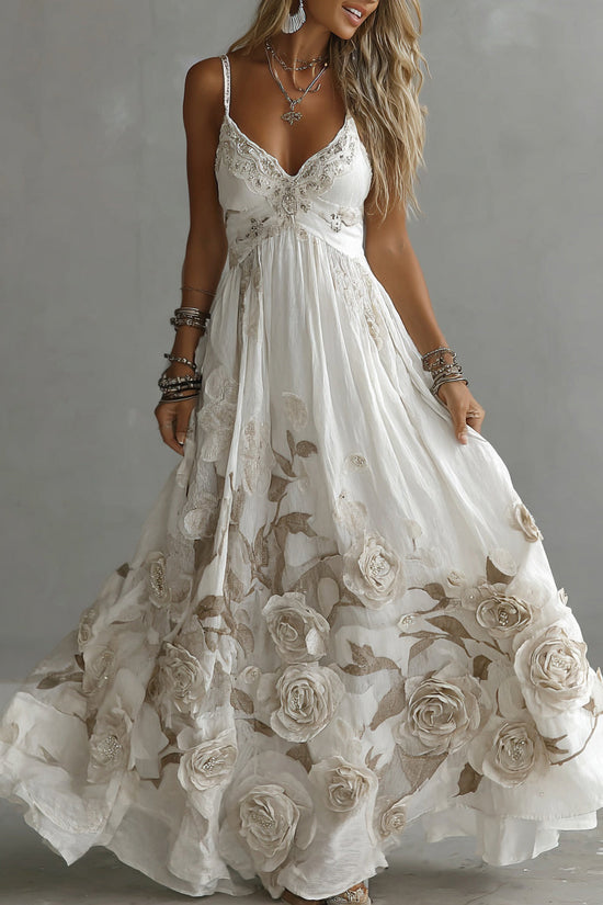 Women's Vintage Rose Embroidery Art V-neck Suspender Maxi Dress