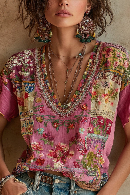 Women's Bohemian Floral Embroidery Art V-neck Linen Blend T-shirt