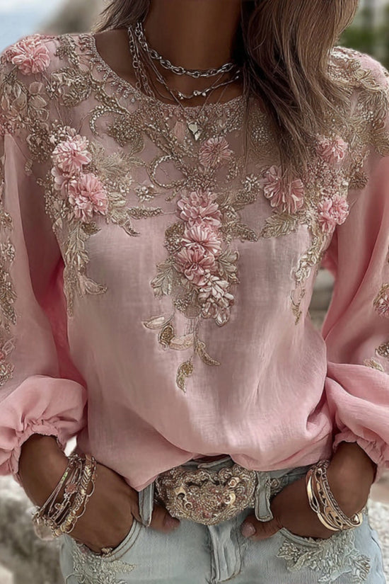 Women's Vintage Pink Rose Embroidery Art Round Neck Long Sleeve Linen Blend T-shirt