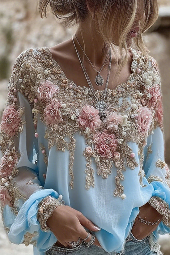 Women's Pink Rose Embroidery Art Round Neck Long Sleeve Linen Blend T-shirt