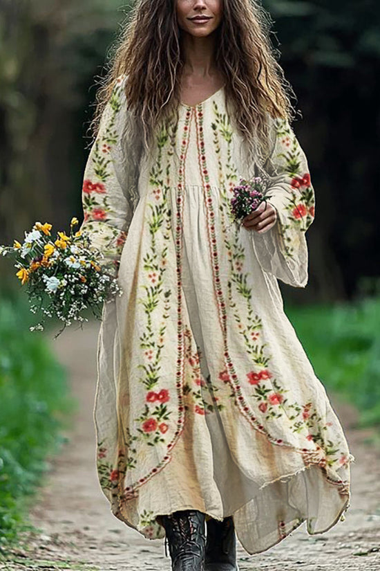 Vintage Boho Floral Flowy Linen Blend Maxi Dress