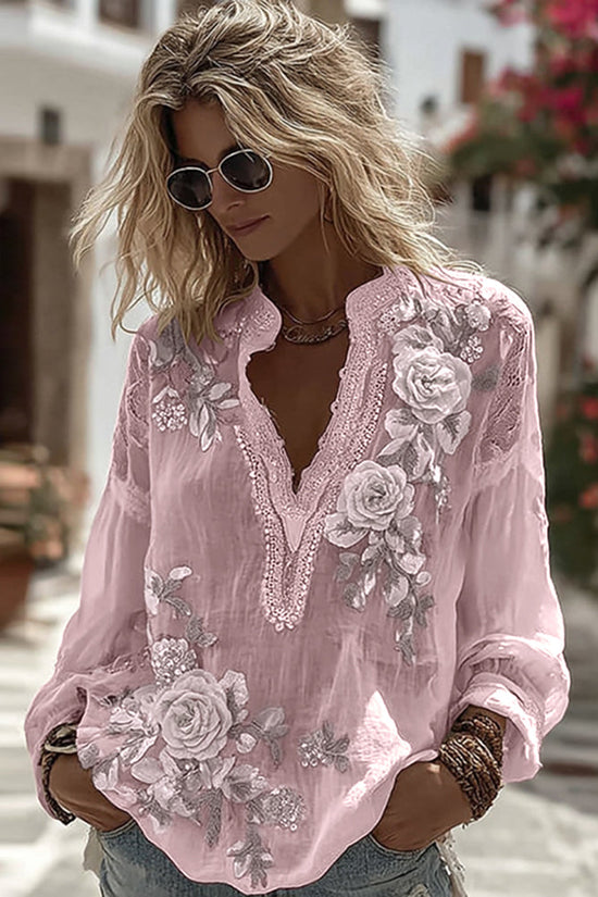 Women's Vintage Floral Embroidery Art Comfy Linen Shirts