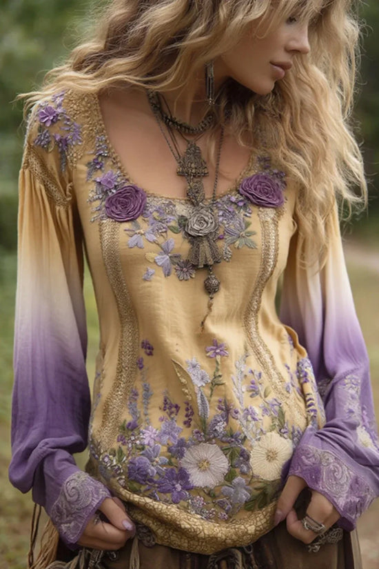Classy Gradient Purple Lavender And Floral Embroidered Linen Long Sleeve Shirt