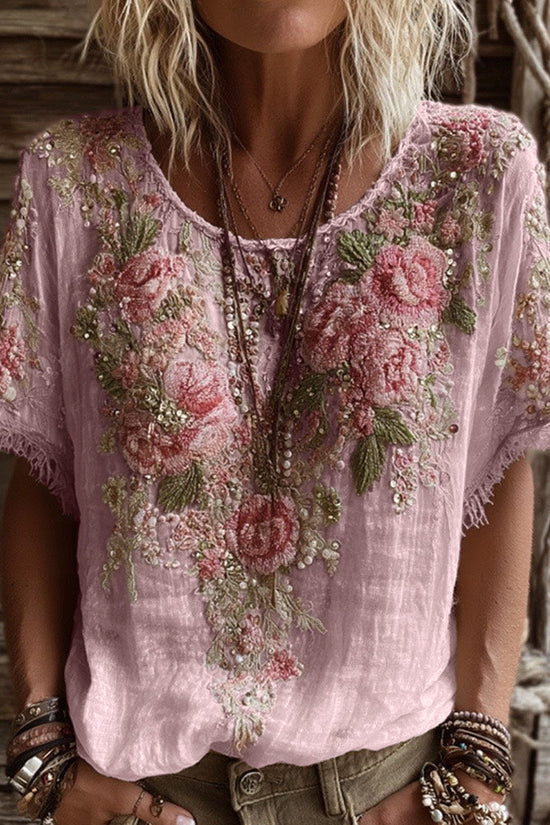 Women's Pink Rose Embroidery Art Round Neck Short Sleeve Linen Blend T-shirt