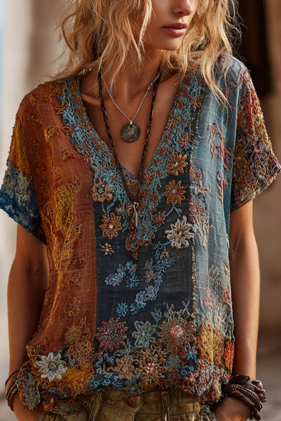 Bohemian-style Plant-dyed Knitted Floral Loose Patchwork Short-sleeved Top