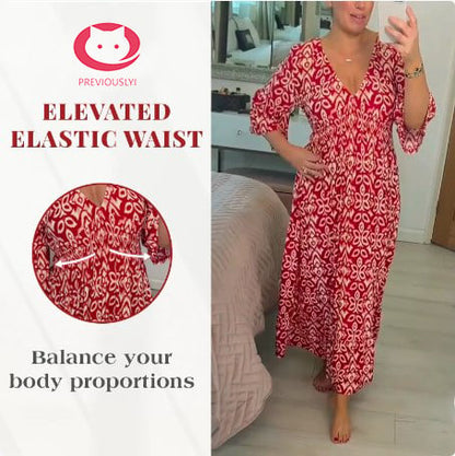 Bohemian casual print V-neck waist wrap long dress