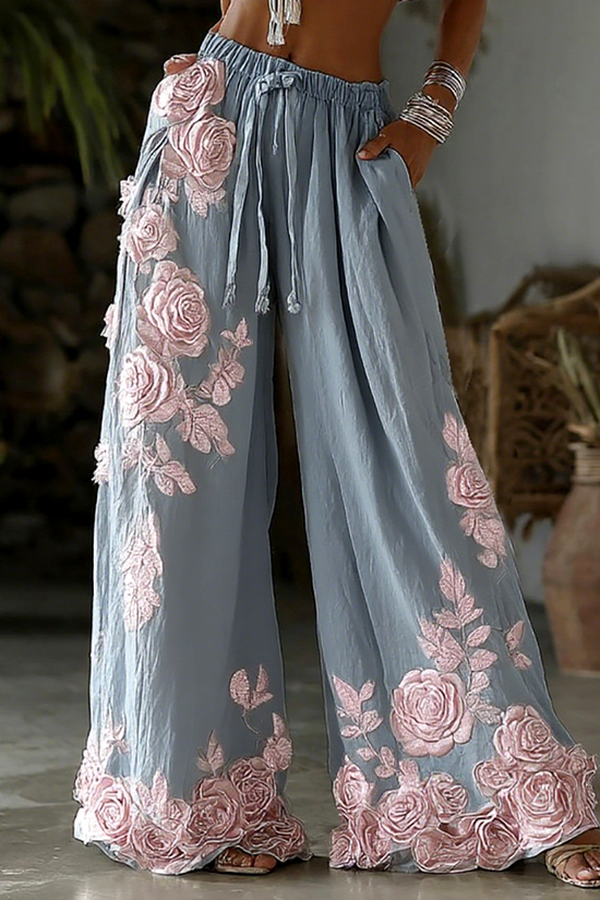 Women's Retro Floral Embroidery Art Casual Linen Pants