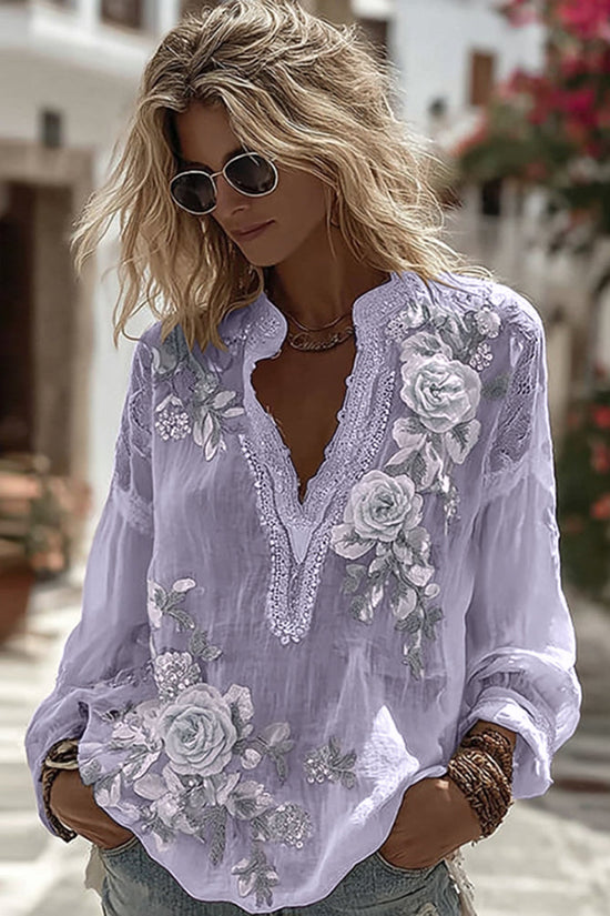 Women's Vintage Floral Embroidery Art Comfy Linen Shirts